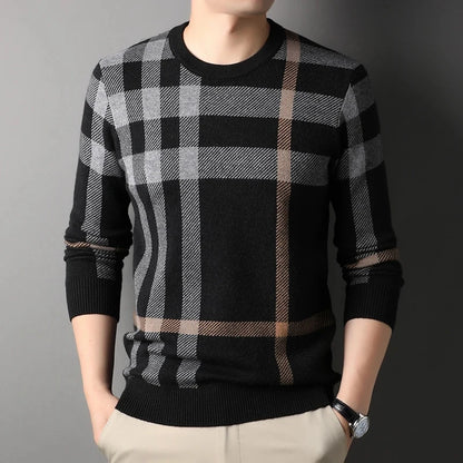 Luxury Men’s Knitted Wool Pullover – Autumn Winter O-Neck Striped British Casual Sweater