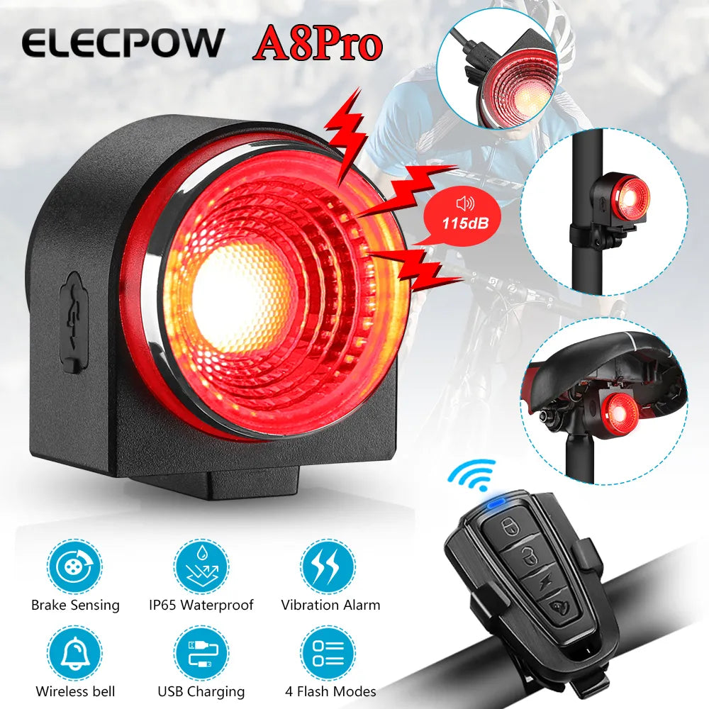 Elecpow A8Pro Bike Alarm Taillight - USB Charging, IPX65 Waterproof, Brake Sensing, Anti-Theft Bicycle Rear Light