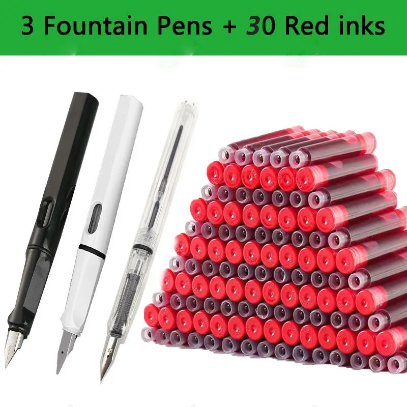 33PCS Kawaii Fountain Pen & Ink Set - Black Blue Red EF 0.38mm Replaceable Ink Pens for School Office Writing Supplies