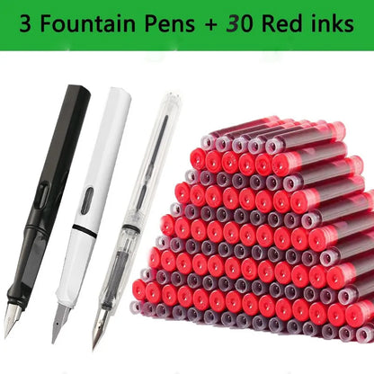 33PCS Kawaii Fountain Pen & Ink Set - Black Blue Red EF 0.38mm Replaceable Ink Pens for School Office Writing Supplies