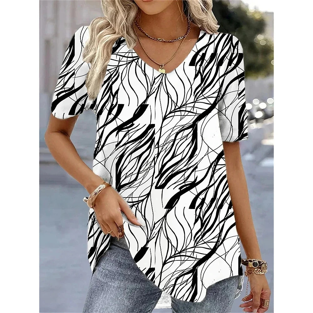 Women's 3D Flower Print V-Neck T-Shirt - Oversized Kawaii Summer Casual Blouse Top Fashion Clothing
