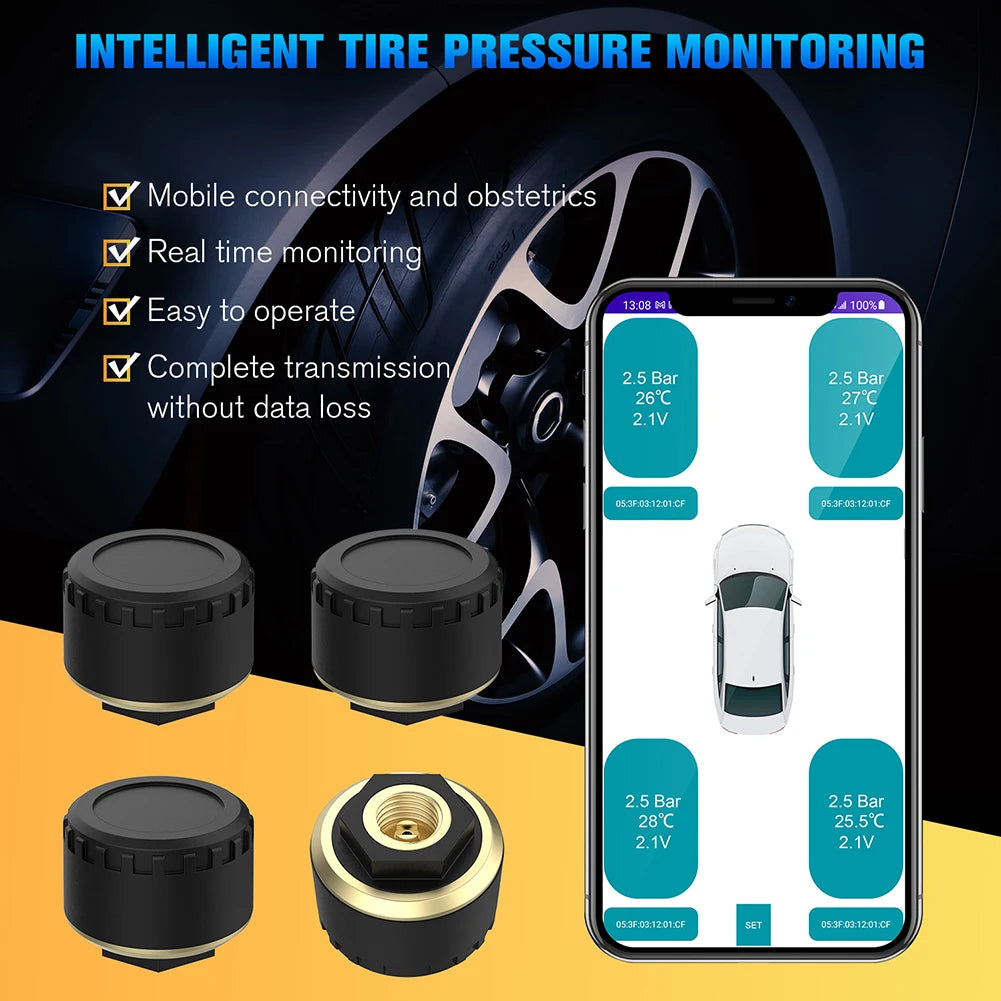 Car TPMS Bluetooth 5.0 Tire Pressure Monitoring System – Motorcycle & Car Tyre Sensor with iOS/Android App Display