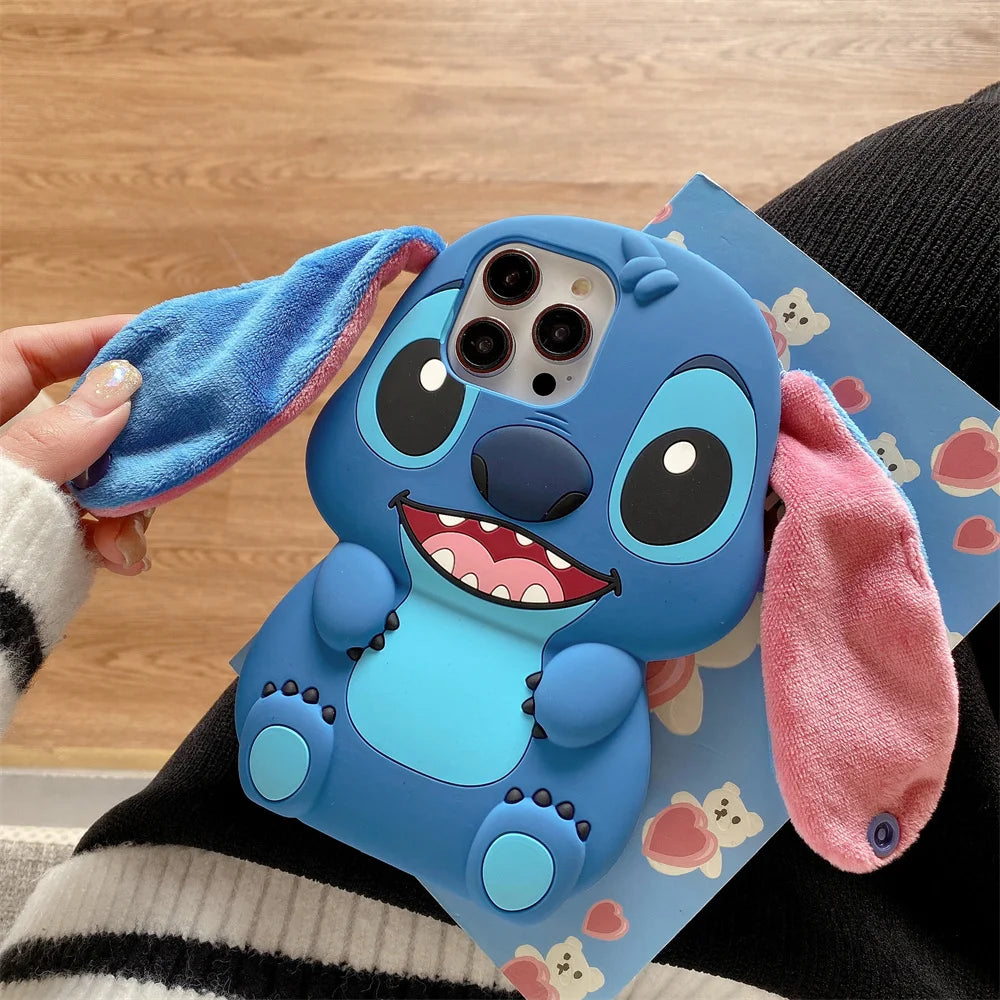 3D Cartoon Stitch Keychain Plush Phone Case with Ear Cover – Compatible with Samsung Galaxy S23/S24/S25 Ultra & A14-A34 Series