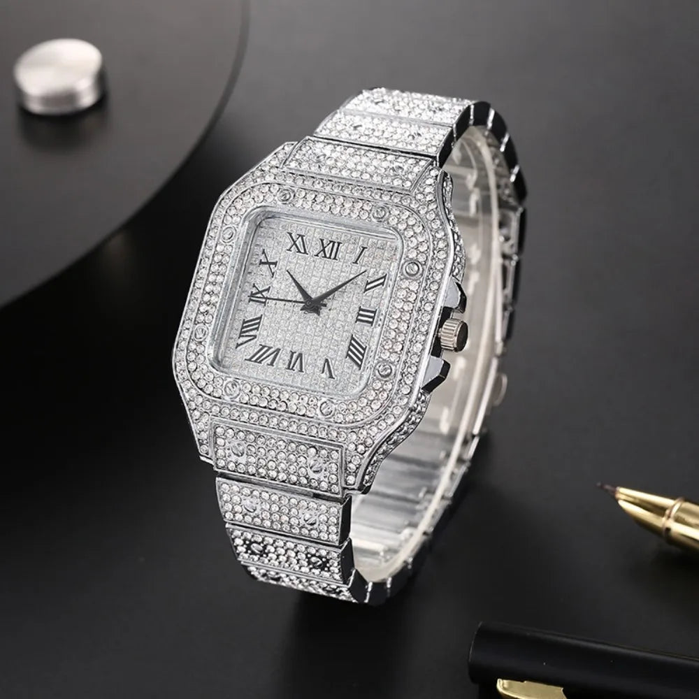 Luxury Men’s Square Quartz Watch - Steel Strap Roman Numeral Rhinestone Business Wristwatch for Casual Style