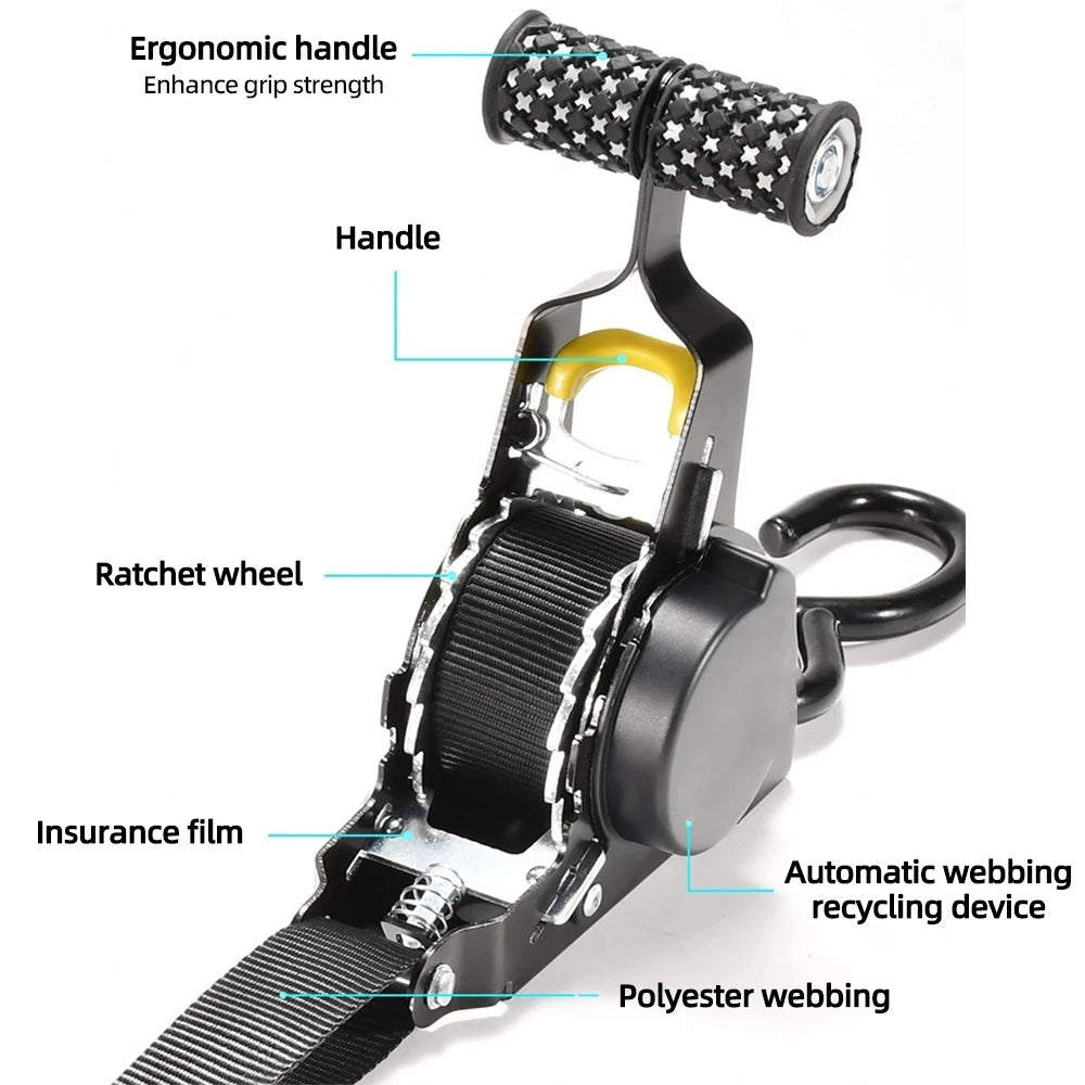 Retractable Cargo Tie Down Straps - Heavy Duty Ratchet Tensioner Belt for Car, Motorcycle and Luggage Loads