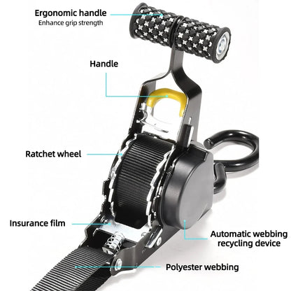 Retractable Cargo Tie Down Straps - Heavy Duty Ratchet Tensioner Belt for Car, Motorcycle and Luggage Loads
