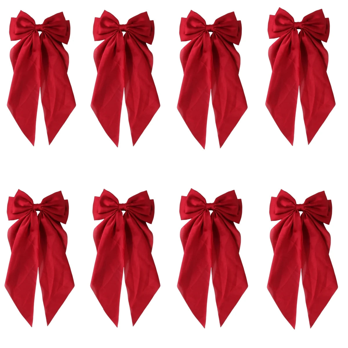 8 Ladies Satin Ribbon Bow Hair Clips – Oversized White, Pink, Red, Blue, Black Long Tail, Spring Clip for Ponytail Hair Accessories