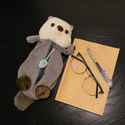 Cartoon Plush Sea Otter Pencil Case – Soft Pen Pouch & Makeup Bag, Portable School Supplies Holder