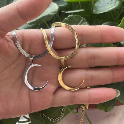 Stainless Steel Crescent Moon Pendant Necklace - Curved Horn-Inspired Flat Blade Snake Chain Jewelry for Women