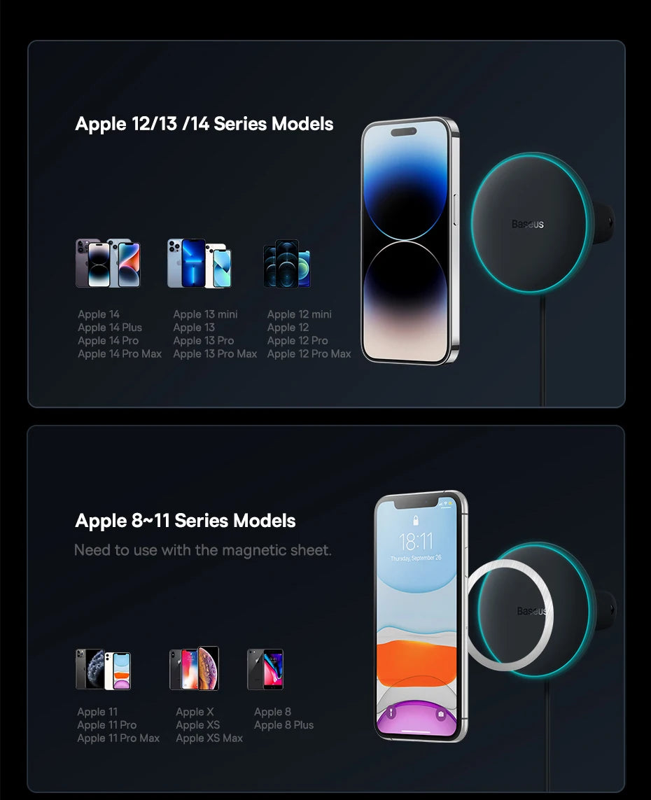 Baseus 15W Magnetic Wireless Car Charger – Fast Charging Phone Holder with Light Effect for iPhone 15/14/13 Pro Max