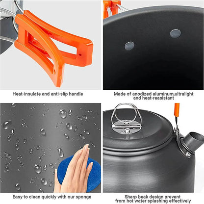 Camping Cookware Set — Non-Stick Cooking Pots, Teapot & Travel Tableware for 2-3 People, Outdoor Picnic Set