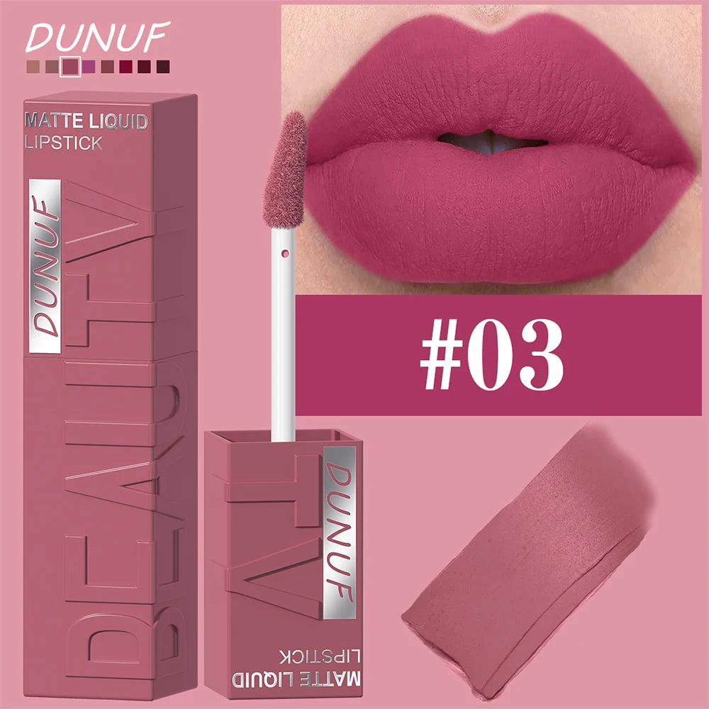 DUNUF Matte Velvet Lipstick - 8 Color Waterproof Plumping Square Tube Lip Gloss Makeup