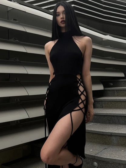 Gothic Dark Cosplay Dress – High Split Y2K Bandage Halter Slim Midi Black Grunge Partywear