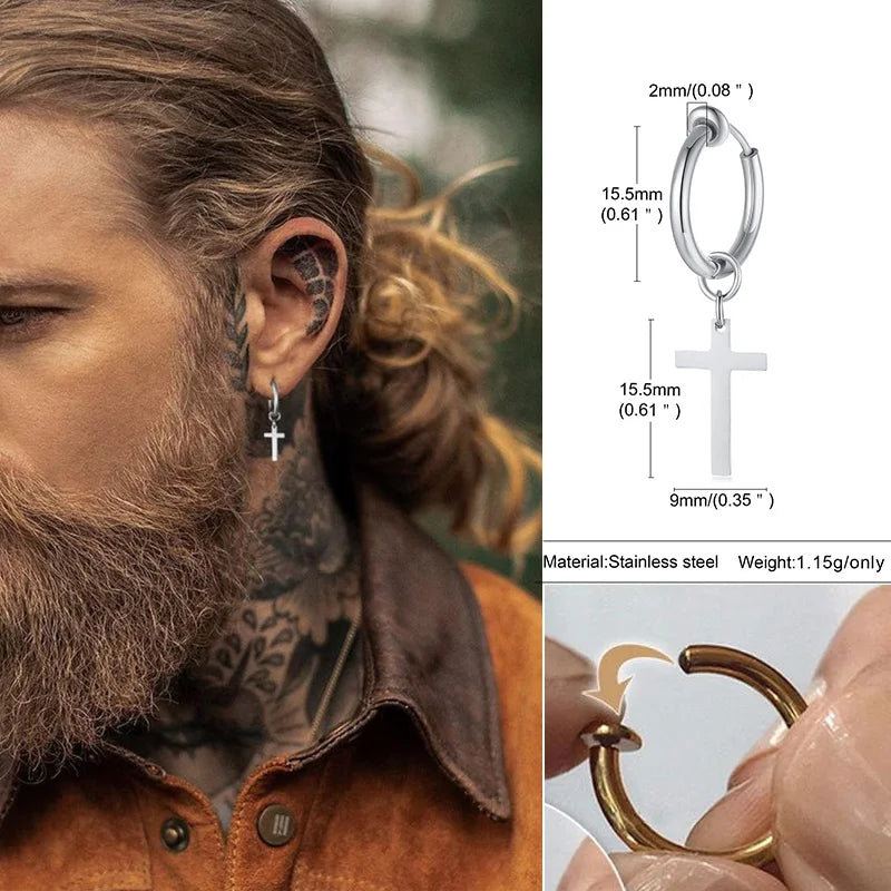 Stainless Steel Cross Charm Earrings - Men's Fashion Jewelry