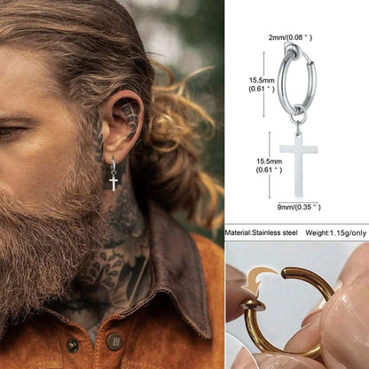 Stainless Steel Cross Charm Earrings - Men's Fashion Jewelry