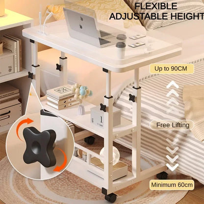 Adjustable Height Portable Study Desk with Storage Shelf – Mobile Bedside Table for Work & Dining, Includes USB Fan & Light