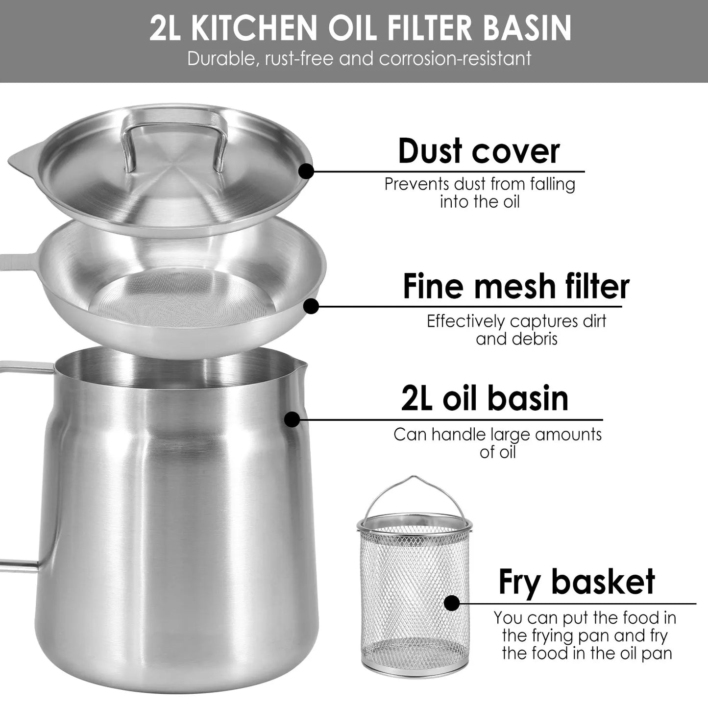 2L/1.5L Stainless Steel Oil Filter Fry Basket – Fine Mesh Strainer Pot for Oil Storage and Kitchen Grease