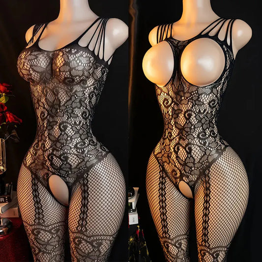 Women’s Sexy One-Piece Lingerie – Erotic Crotchless Fishnet Bodystocking with Open Breast, Adult Babydoll Underwear