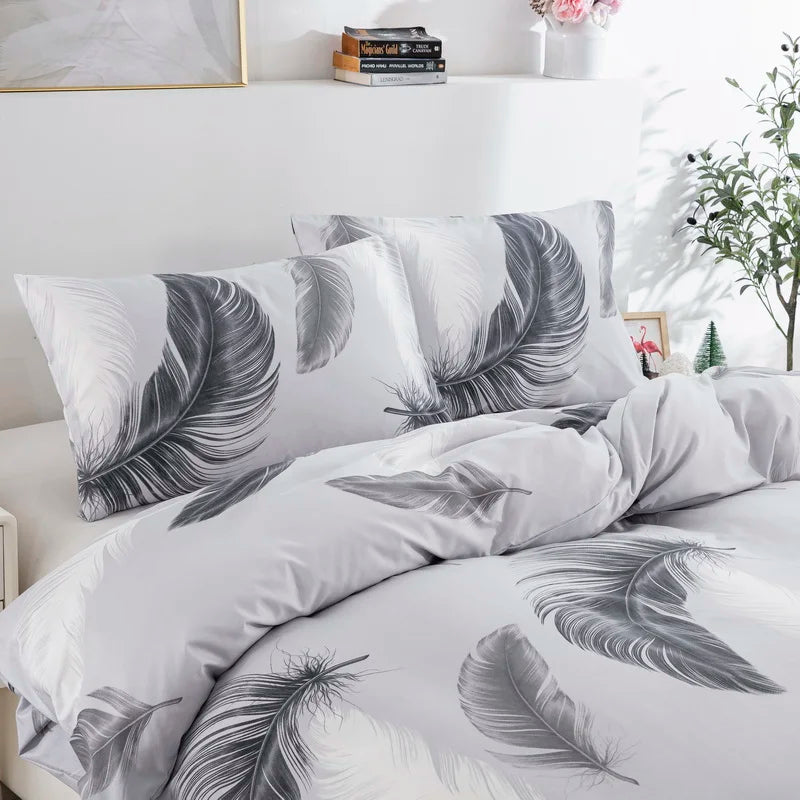 Grey Feather Duvet Cover Set – Full/Queen Boho Bedding with Soft Reversible White Comforter Cover for Kids & Teens