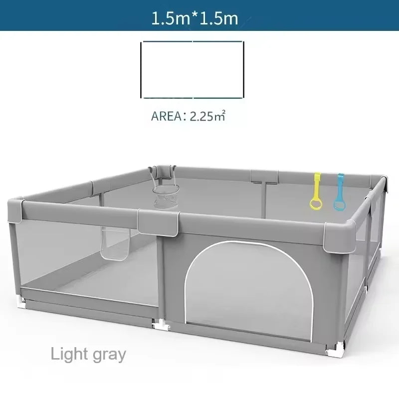 IMBABY Baby Playpen – Light Gray Corralito with Pull Ring, Child Safety Barrier Fence and Ball Box for Baby Playground