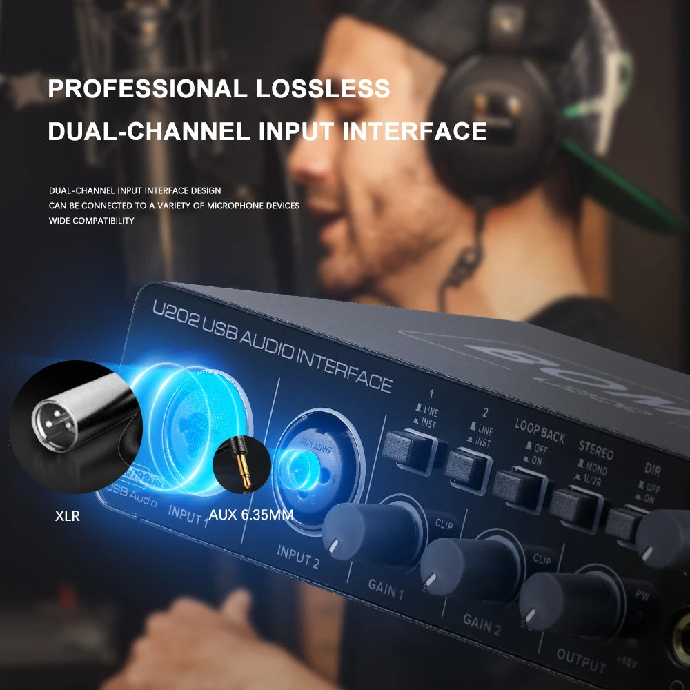 BOMGE U202 USB Audio Interface – Mic Preamplifier with XLR/TS/TRS Ports, 48V Phantom Power, 32-Bit/192kHz for Computer Recording & Streaming