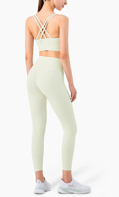 Summer 2 Piece Women's Yoga Tracksuit - Cross-Back Nylon Top and Leggings Athletic Set for Pilates and Fitness