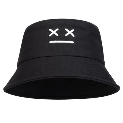 Unisex Smiling Face Embroidered Bucket Hat – Outdoor Casual Fisherman Cap with Sunscreen