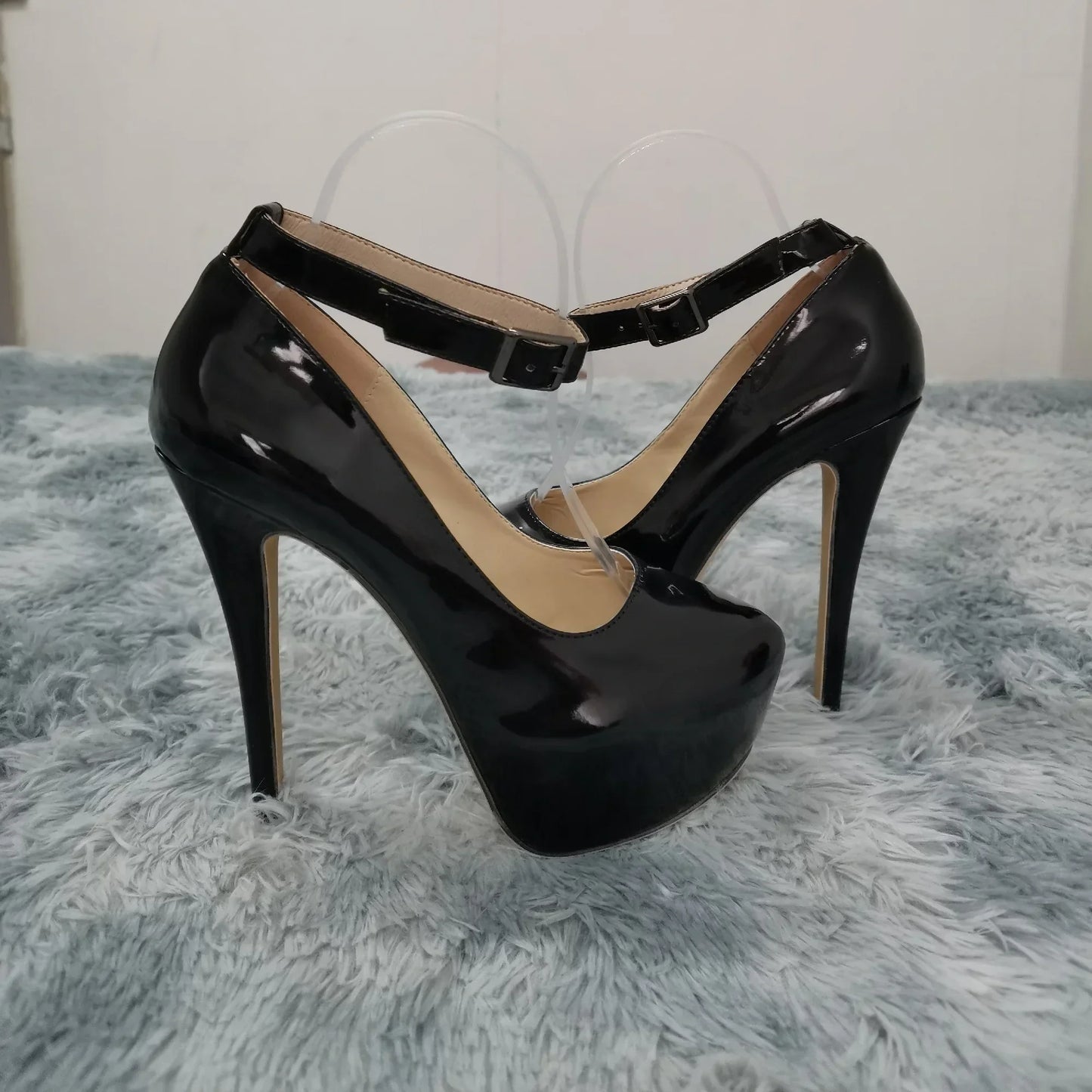 Women’s Patent Leather Stiletto Pumps – 14cm High Heels with Buckle Ankle Strap, Sexy Wedding & Fashion Shoes, Size 44