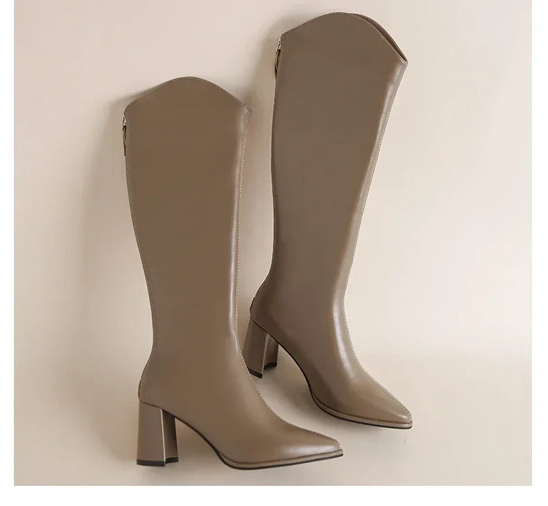 Plus Size 34-43 Women's Knee-High Boots – Zipper Thick High Heels for Autumn & Winter