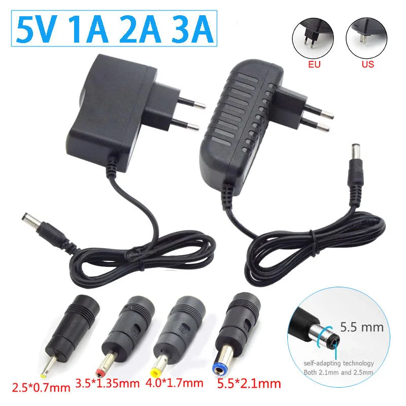 Universal AC to DC Power Supply Adapter 5V 1A–3A – Multi Plug Converter Charger 110V–240V with 5.5×2.1mm & Multiple DC Connector Sizes (4.0×1.7mm, 3.5×1.35mm, 2.5×0.7mm)