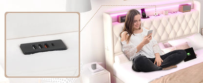 Floating Queen Size Bed Frame – Modern Upholstered Platform Bed with LED Lights, USB Charging Headboard & Velvet Fabric