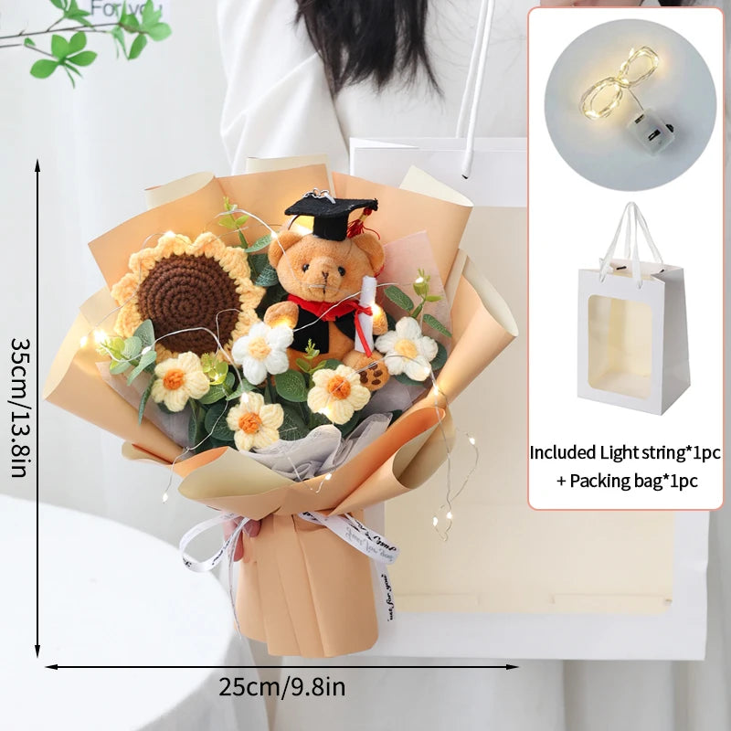 DIY Simulated Flower Bouquet – Crochet Sunflower Finished Product, Graduation, Doctoral, Valentine’s Day & Birthday Gift with Bear