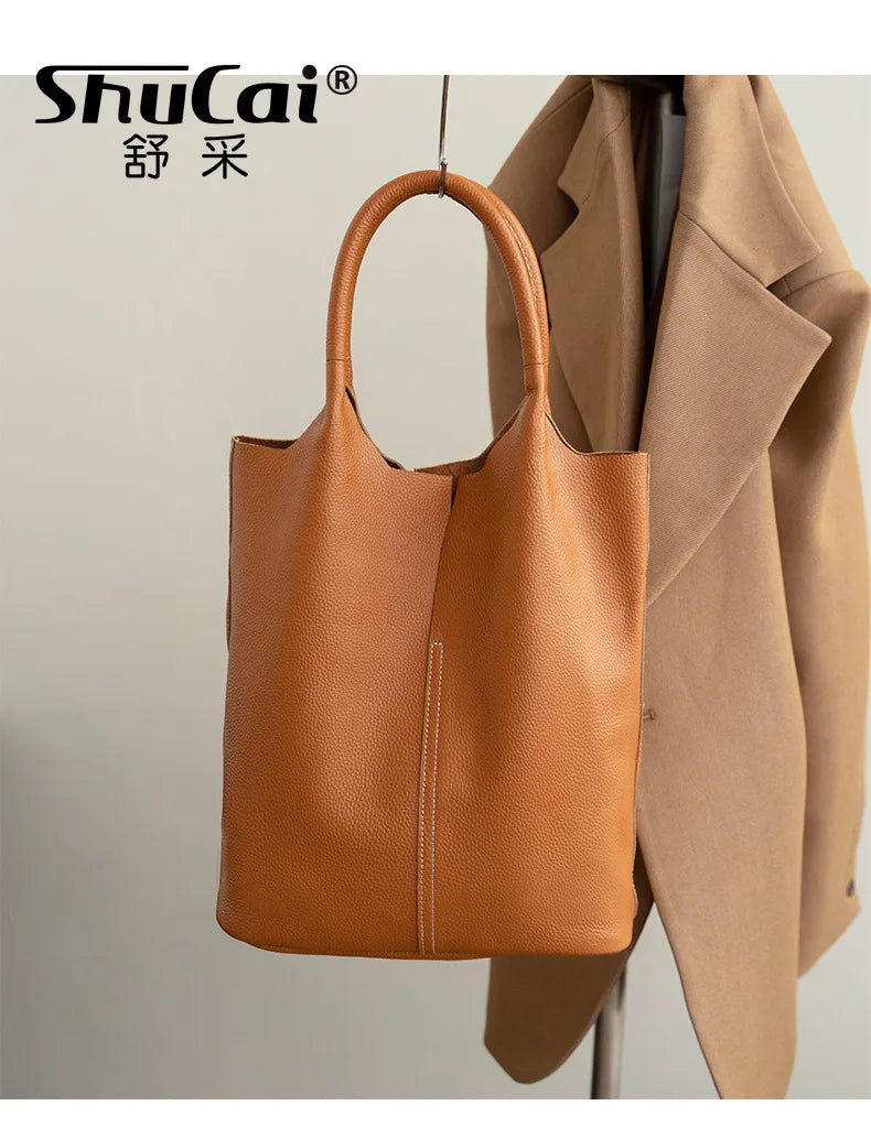 Genuine Leather Women’s Commuter Tote Bag — Soft Cowhide Shoulder Handbag, Large Capacity Bucket Bag, 2025 New