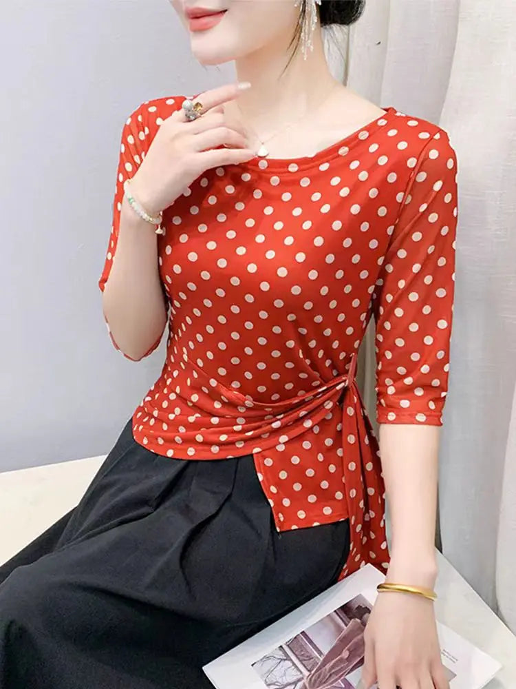 Women’s Polka Dot Mesh T-Shirt - Summer Half Sleeve Irregular Sweet Casual Top