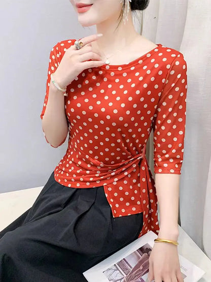 Women’s Polka Dot Mesh T-Shirt - Summer Half Sleeve Irregular Sweet Casual Top