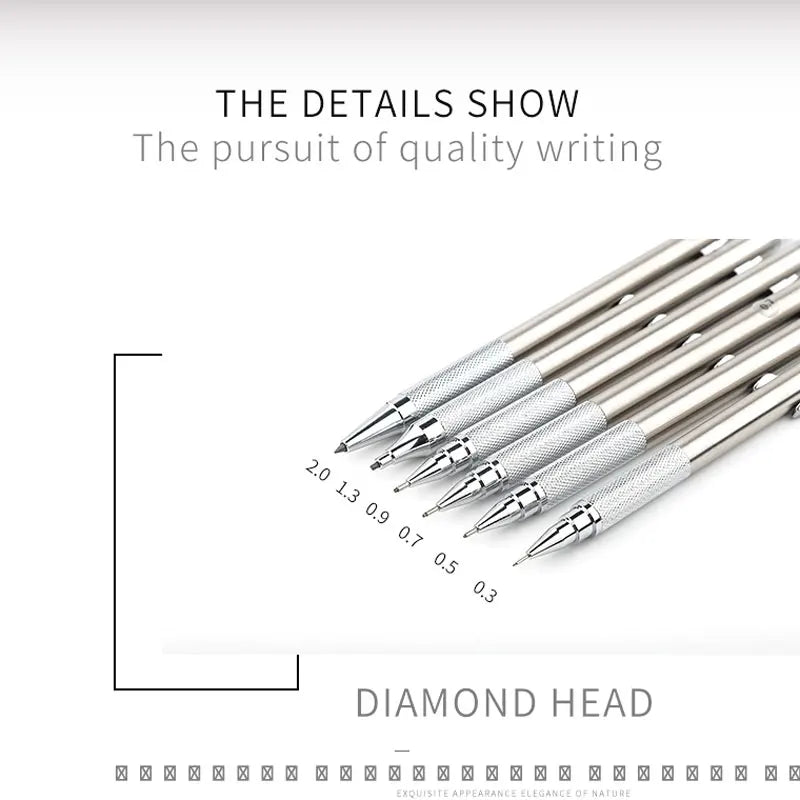 Full Metal Mechanical Pencil Set - 0.3  0.5  0.7  0.9  1.3  2.0 mm - Art Drawing & Painting Automatic Pencil with Leads - Office & School Supply