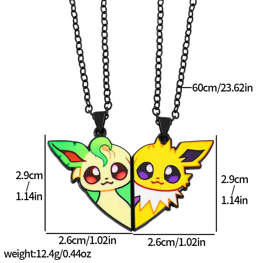 Eevee Pendant Necklace - 2-Piece Cute Cartoon Heart Patchwork Anime-Style Metal Jewelry Set