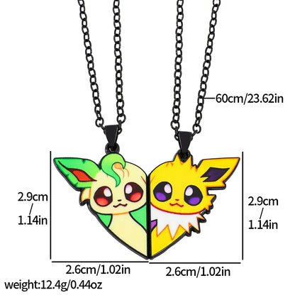 Eevee Pendant Necklace - 2-Piece Cute Cartoon Heart Patchwork Anime-Style Metal Jewelry Set