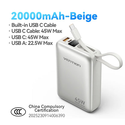 Vention 45W 20000mAh Power Bank - Fast Charging Portable Battery for iPhone, Samsung & Xiaomi