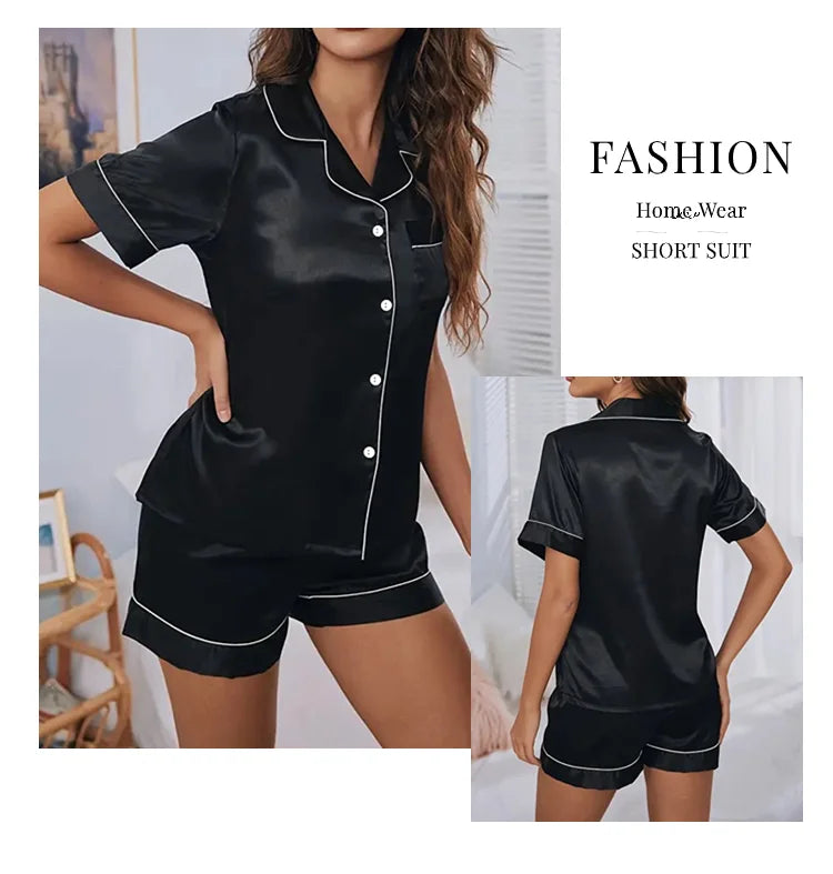 Women's Satin Pajamas Set – Summer Two-Piece Sleepwear with Button-Down Top and Shorts, Comfortable Nightwear Loungewear