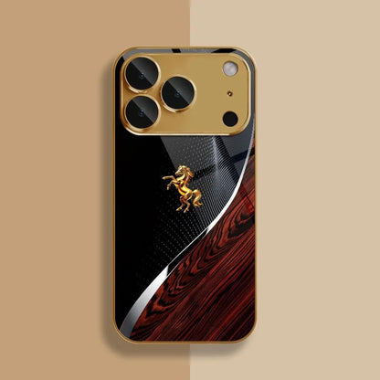 Golden Horse Pattern Metallic Phone Case - Gold Glass Protective Cover for iPhone 11-18 Pro Max, Plus, Air & 16E
