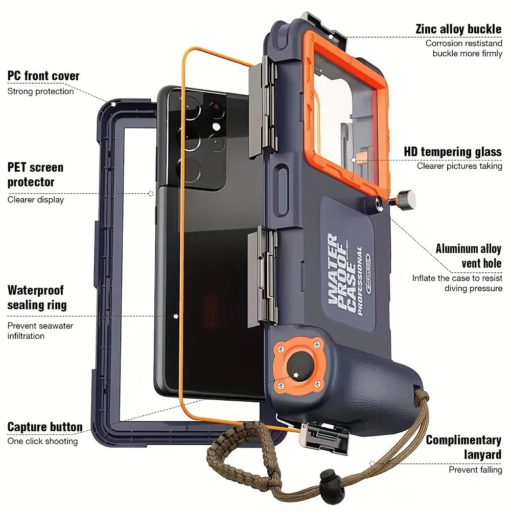 Waterproof Phone Case - 15m Diving Protective Housing with Lanyard for iPhone & Samsung Phones up to 6.8"
