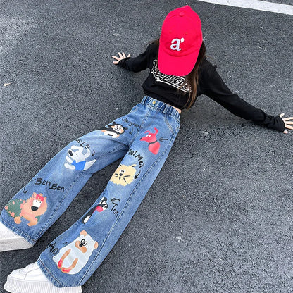 New 2024 Teenage Girls’ Blue Street Cartoon Jeans – Elastic Mid-Waist Loose Wide-Leg Denim Pants for Spring Fashion