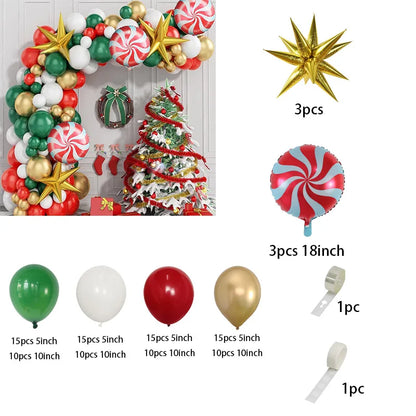 Christmas Balloon Garland Arch – Red & Green Balloons, Star, Santa, and Gift Box Foil Balloons for Xmas and New Year Decoration
