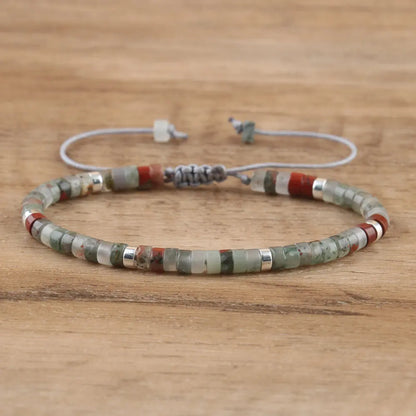 Natural Blue Emperor Stone Beaded Bracelet – Polished Block Beads, Adjustable Woven Rope Women’s Gift Jewelry