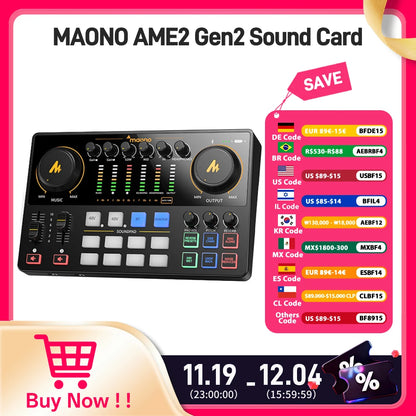 MaonoCaster AME2 Gen2 Audio Interface Mixer — Dual XLR Podcast & Guitar Streaming with Pro Preamp