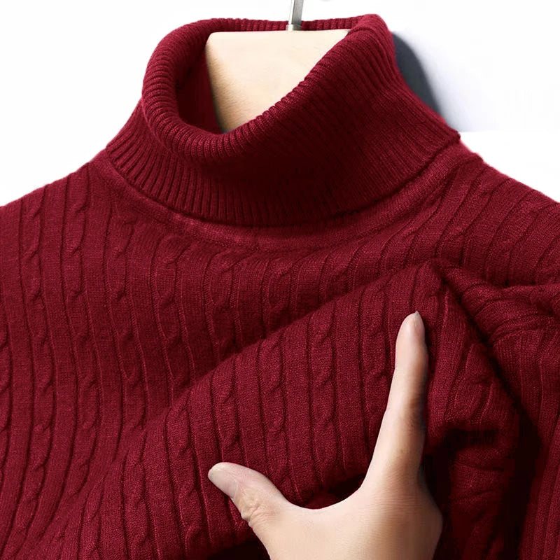 Men's Autumn Ribbed Turtleneck Sweater - Warm Fitted Jacquard Striped Knitted Long Sleeve Pullover Top