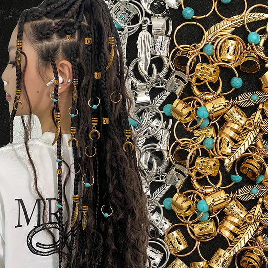 31PCS Turquoise Hollow-Out Hair Rings — Dreadlock & Braid Beads, Hair Braid Tubes Charm Jewelry for Styling