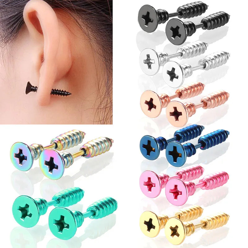 Punk Stainless Steel Stud Earrings - Gold Black Colorful Helix & Body Piercing Jewelry