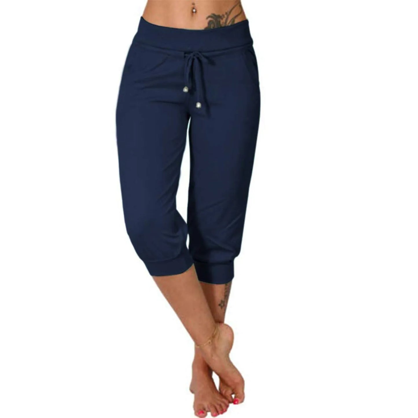 Women’s Cotton Linen Jogger Capris - Solid Color Summer Casual Pants with Double Pockets for Beach & Vacation Wear